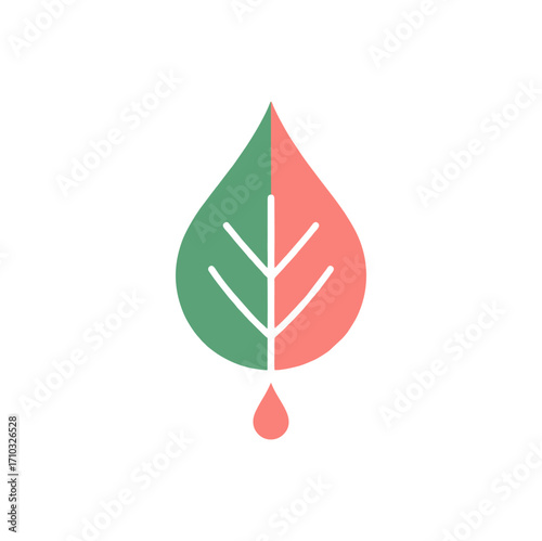 Vector icon of leaf with dew drops in green color