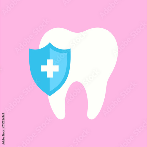 Vector icon of tooth with shield, symbol of teeth protection and oral health