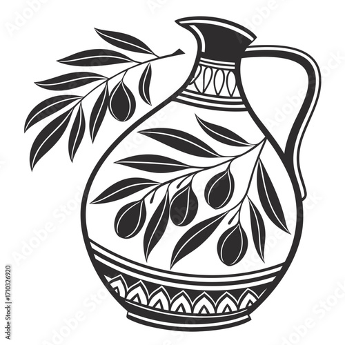 Ancient greek amphora with olive branch silhouette isolated on white background