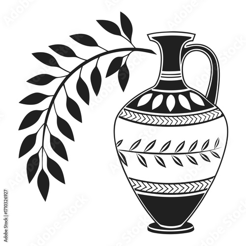 Ancient greek amphora with olive branch silhouette isolated on white background