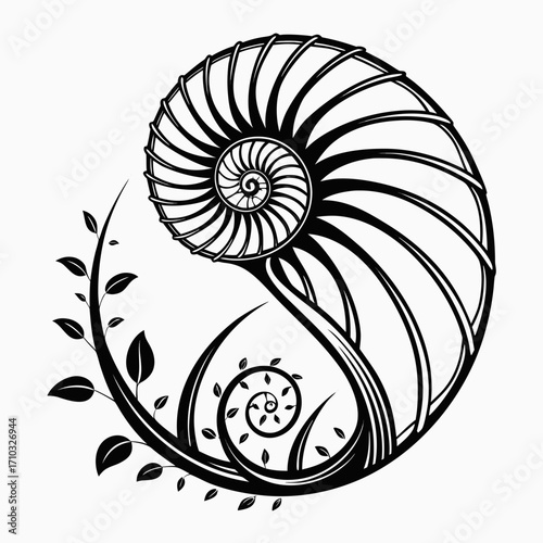 Nautilus shell and swirling leaves silhouette isolated on white background