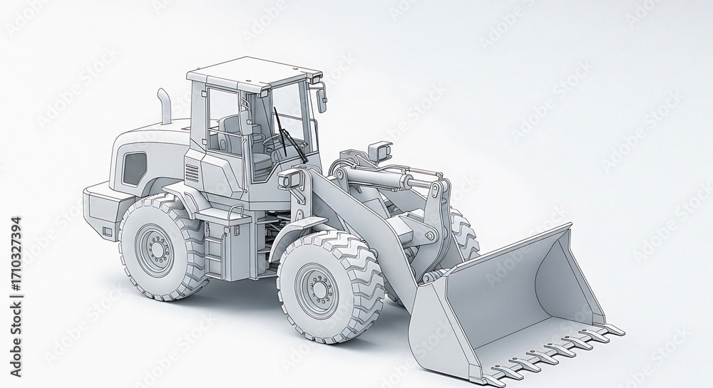 Naklejka premium Detailed front loader construction vehicle with scoop and wheels on white surface for industrial projects