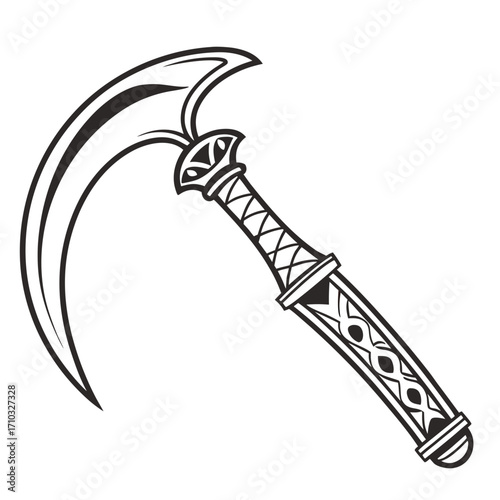 Fantasy scythe weapon silhouette isolated on white background