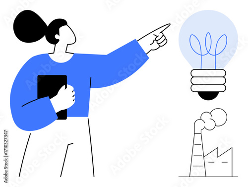 Woman holding tablet while pointing at energy-efficient lightbulb above factory emitting smoke. Ideal for sustainability, innovation, eco-awareness, energy efficiency, green technology, business