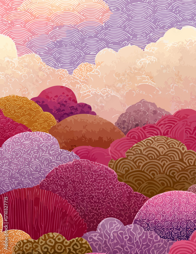 Fondo vectorial abstracto con colinas estilizadas y coloridas