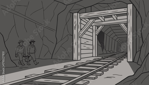 Underground Mining Tunnel with Railway Tracks
