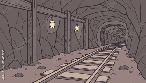Underground Mining Tunnel with Railway Tracks

