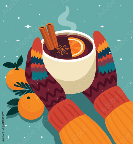 A stylish vector illustration of hands in colorful mittens holding a mug of mulled wine with orange and spices. Perfect for Christmas and New Year's cards, posters, and seasonal decor
