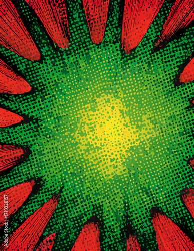 Explosión de color verde y rojo en estilo pop art vectorial
