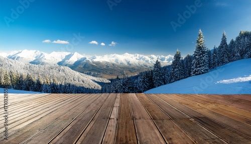 snowy mountain range view from a wooden deck