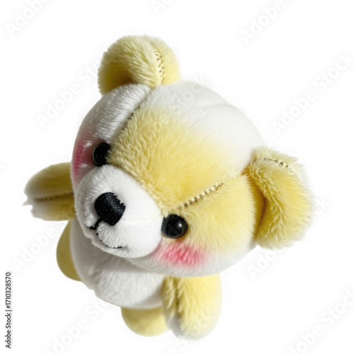 Adorable fluffy yellow and white teddy bear plush toy isolated on transparent background