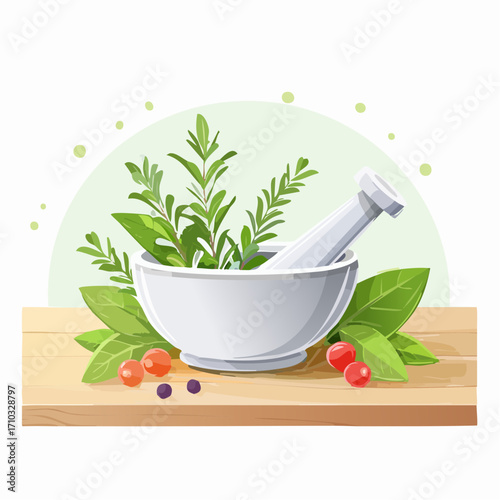 White Mortar and Pestle with Fresh Herbs and Berries
