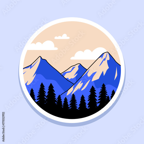 Illustration of mountains and sunset in groove style. Sticker with landscape	