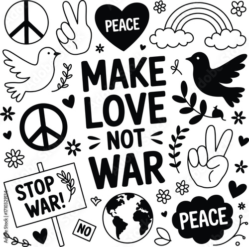 Peace & Love Icon Collage – Black and White Vector Illustrations of Anti-War Symbols, Doves, Hearts, and Earth