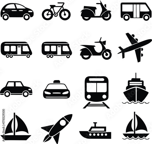 line art car and plan transport icon set 