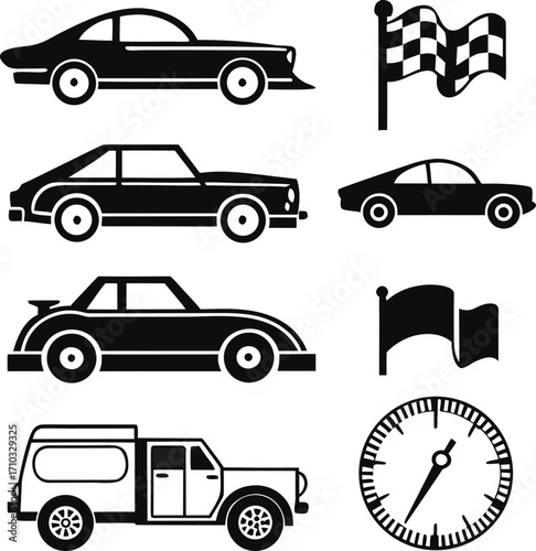 line art car and plan transport icon set 