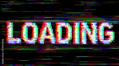 Glitchy loading screen with colorful digital distortion and pixelated text