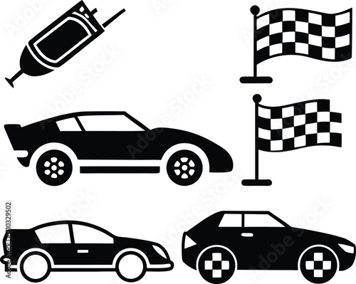 line art car and plan transport icon set 