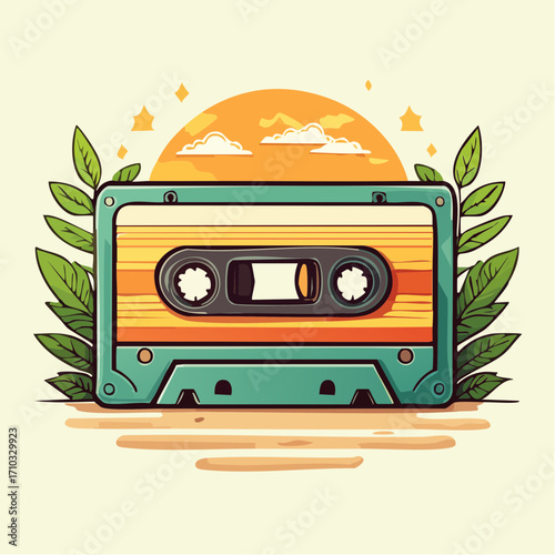Retro Cassette Tape Summer Sunset Illustration