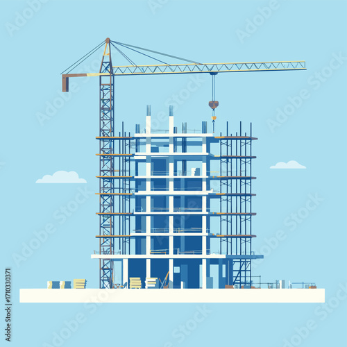 .Building construction. Partially completed modern building. An unfinished building with clear geometric lines surrounded by scaffolding. Crane and building construction site. , vector style simple co