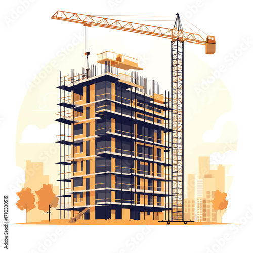 .Building construction. Partially completed modern building. An unfinished building with clear geometric lines surrounded by scaffolding. Crane and building construction site. , vector style simple co
