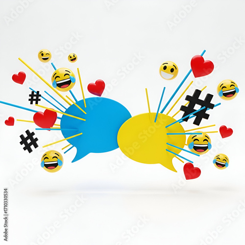 Social media chat bubbles with emojis, hearts, and hashtags isolated on white background