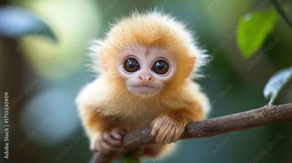 Fototapeta premium Adorable golden monkey baby clinging to a branch. Large eyes, fluffy fur