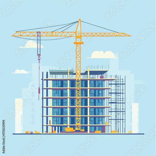 .Building construction. Partially completed modern building. An unfinished building with clear geometric lines surrounded by scaffolding. Crane and building construction site. , vector style simple co