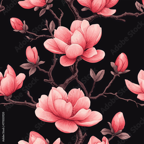 Magnolia wallpaper with blooming pink flowers on dark background. Elegant mural with branches and buds. Abstract botanical illustration for art prints. , vector style simple color