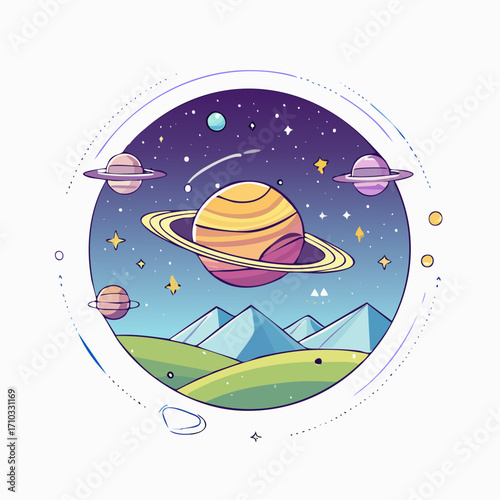 Celestial Landscape: Planets Stars and Mountains in a Circular Frame