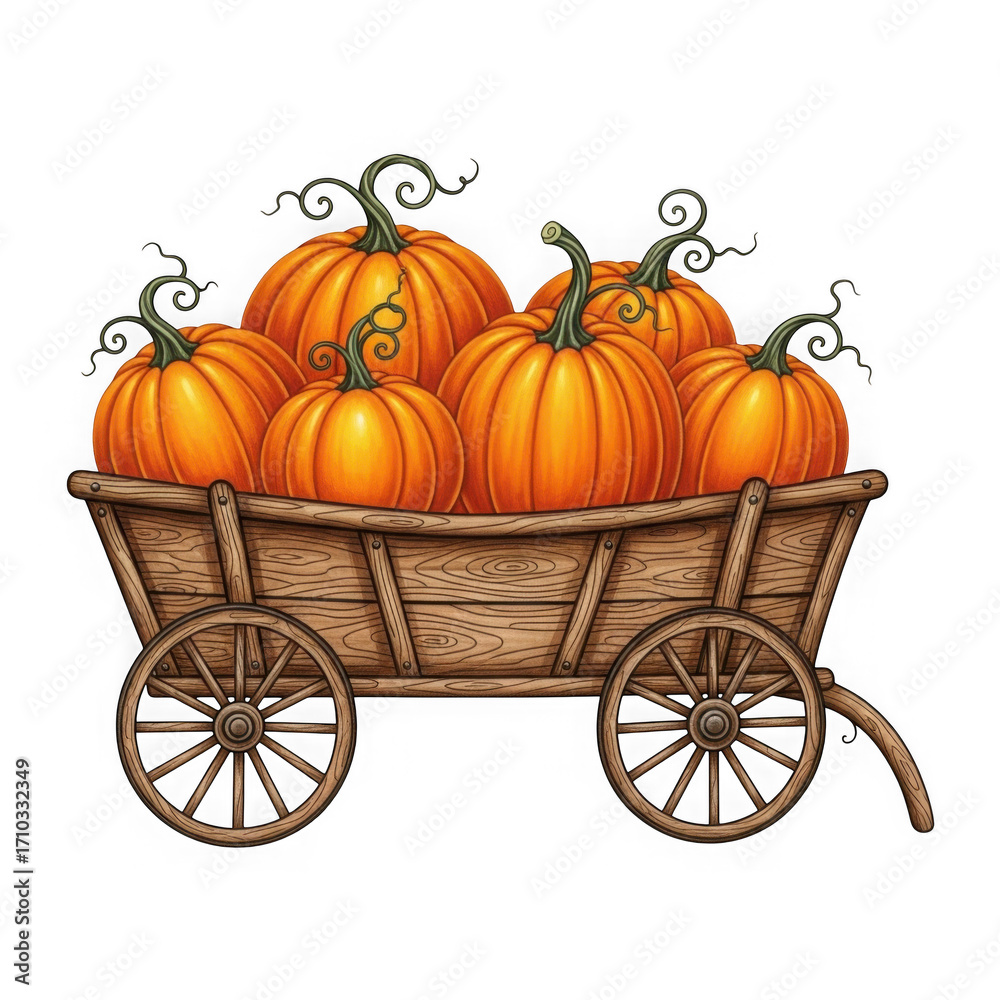 Fototapeta premium Rustic wooden wagon overflowing with ripe orange pumpkins isolated on transparent background