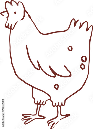 Cute hand drawn line art whimsical illustration of chicken. Outlined vector clip art