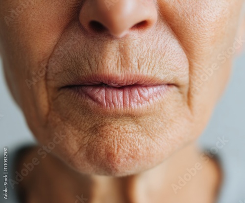 Close-up view of mature skin with deep wrinkles around the mouth and lips, showcasing the effects of aging.