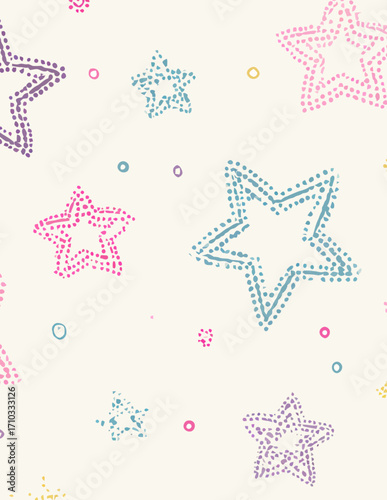 Patrón sin costuras de estrellas vectoriales, diseño punteado, textura suave, fondo pastel