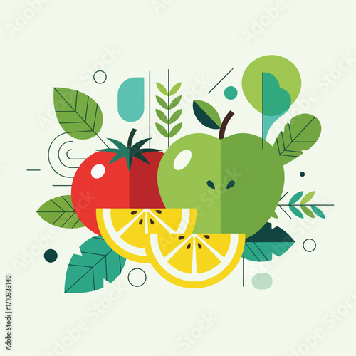 Stylized geometric decorative fruit and vegetable illustration featuring a vibrant apple, tomato, and lemon for a healthy lifestyle concept