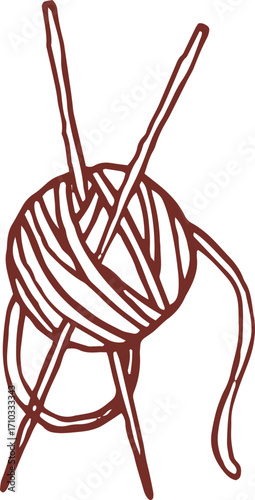 Cute hand drawn line art whimsical illustration of ball of yarn thread with needls. Outlined vector clip art	