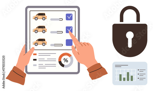 Hands selecting cars on checklist tablet, data charts, large lock symbolizing security. Ideal for car selection, decision safety, data protection, market research, online shopping, analytics