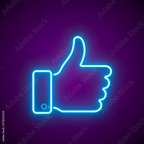 Blue neon thumbs up symbol on a dark purple background, representing approval and positivity