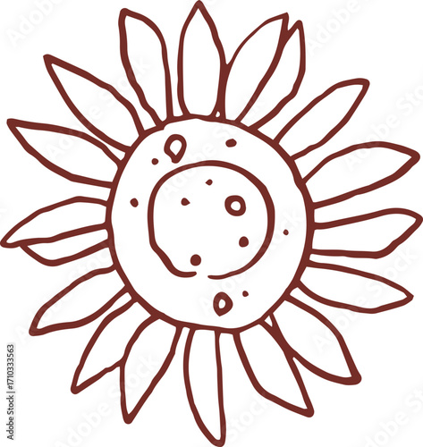 Cute hand drawn line art whimsical illustration of sunflower late summer flower. Outlined vector clip art