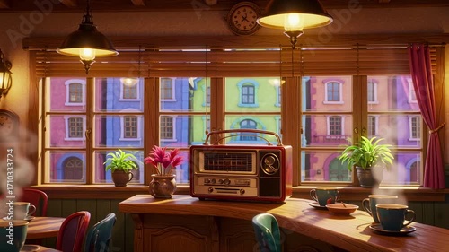 Cartoon character in a cafe with a radio, plants, and colorful buildings outside the window
