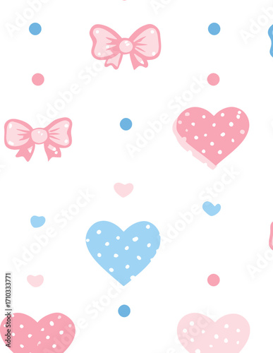 Patrón vectorial sin costuras de corazones y lazos rosados y azules