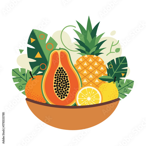 A vibrant bowl of geometric, decorative fruit, featuring a stylized pineapple and papaya illustration