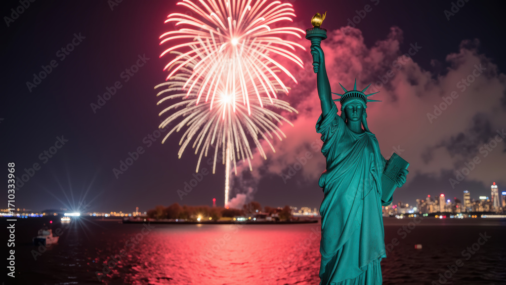 Fototapeta premium Image features vibrant display of fireworks illuminating night sky behind iconic statue, symbolizing freedom and celebration
