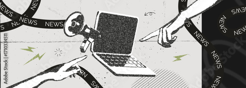 Trendy Halftone Stipple Collage with Megaphone, Laptop and Hands. Social media news and propaganda. Announce on grunge background. Vintage design. Vector illustration art
