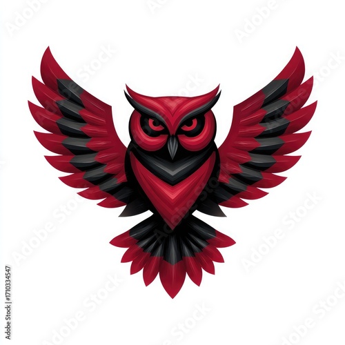 Red and black owl with spread wings on white background