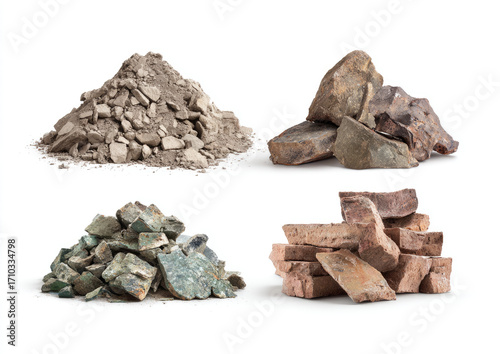 Four piles of various broken construction materials
