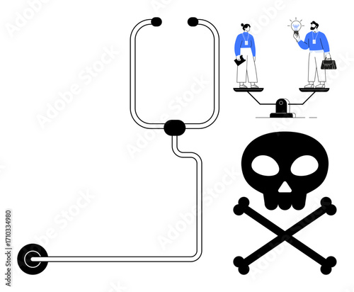 Businesspeople standing on a balance scale, trading ideas versus a skull symbol, with connecting pipes. Ideal for innovation, risk management, safety, teamwork, decision-making, debate strategic