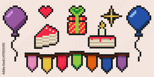 Birthday y2k pixel elements. Retro style 8 bit balloons, bunting flag, birthday cake and gift