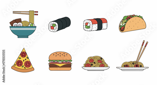 A diverse collection of popular international food icons illustrated in a clean, flat line art style, featuring various world cuisines