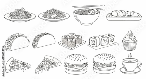 Hand-drawn illustrations of popular fast food and delicious snack items, featuring a diverse range of global cuisines for menus, culinary blogs, and food-themed graphic designs